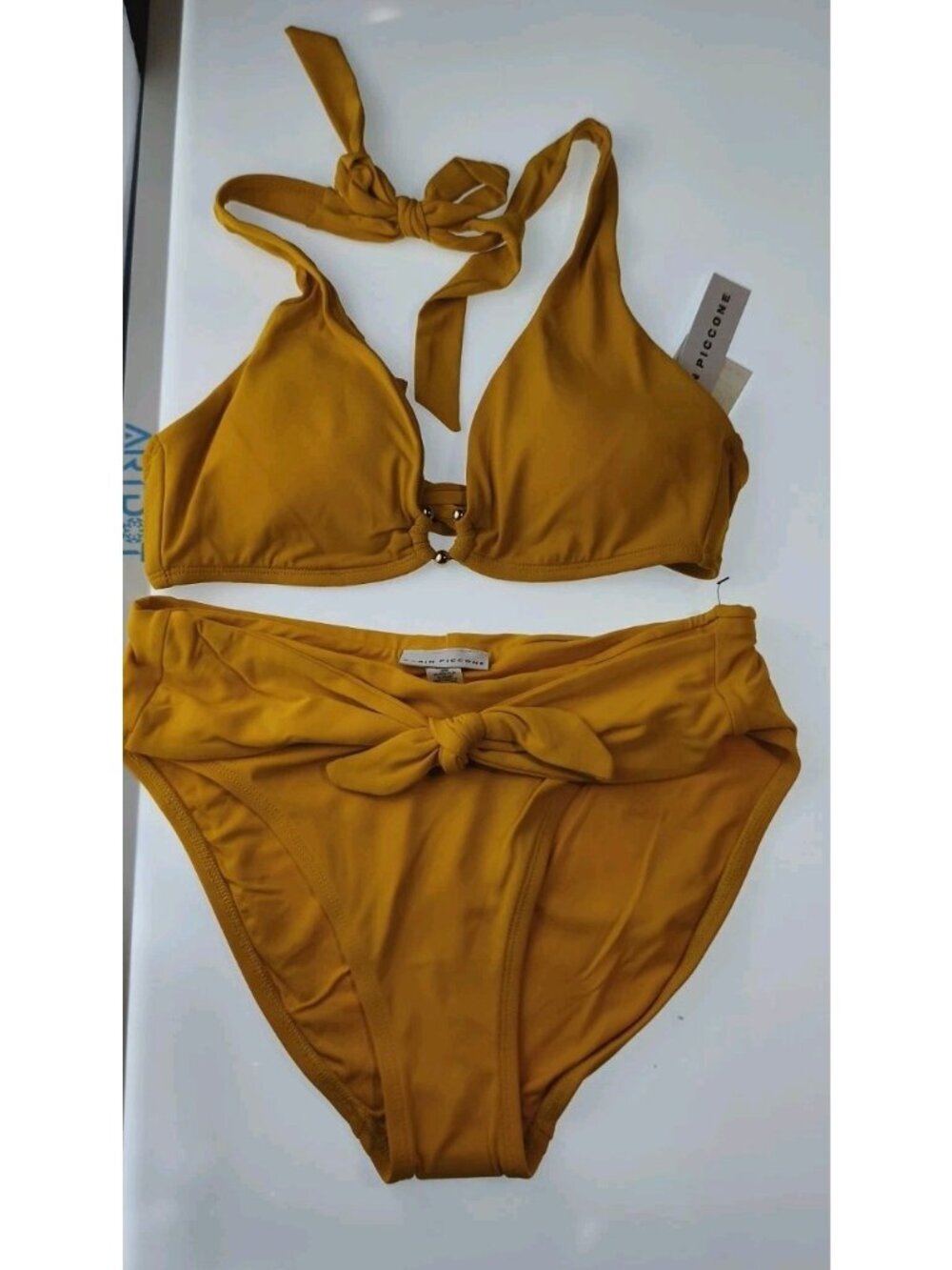 Robin Piccone Mustard Yellow Halter Triangle Bikini Set Gold Hardware NWT M